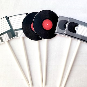 80&#39;s Cupcake Toppers - 80&#39;s Party Decorations - 80&#39;s Birthday Cupcake Toppers, Floppy Disk, Record, VCR Tape - Item# 723161212A