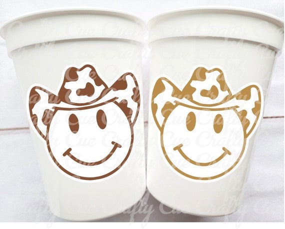 Brown COWBOY SMILEY FACE Cups Cowboy Cups Cowboy Party Favor Cowgirl Bachelorette Party Cowboy Birthday Rodeo Party Cow Print Hat Cups Disco Il_570xn