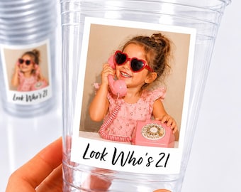 Look Who’s 21 Custom Photo Cups, Personalized 21st Birthday Cups with Picture, 21st Birthday Party Favors, Finally 21, Retro 21st,Ships Fast