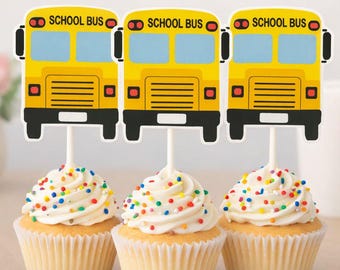 School Bus Cupcake Toppers, School Birthday Decorations, School Party Decorations, School Bus Birthday, School Bus Cake Toppers, Bus Picks