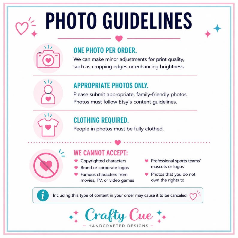 May include: A pink and blue graphic with the text "PHOTO GUIDELINES" and several bullet points. The guidelines include one photo per order, appropriate photos only, and clothing required. The image also lists what is not accepted.