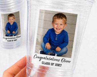 Custom Graduation Photo Cups 16oz Personalized Plastic Cups with Picture & Text Class of 2027 Party Cups Grad Decorations Party Favor Supply