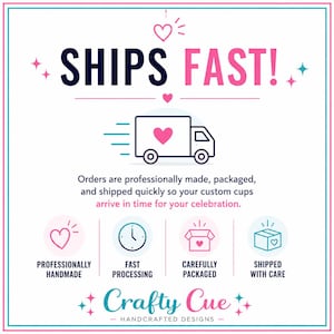 May include: A graphic with the text "SHIPS FAST!" in navy and pink, featuring a delivery truck with a heart. Additional text includes "Professionally Handmade," "Fast Processing," "Carefully Packaged," and "Shipped with Care."
