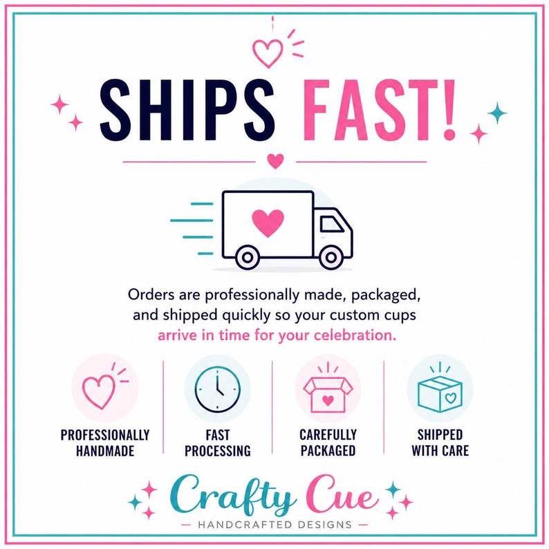 May include: A graphic with the text "SHIPS FAST!" in navy and pink, featuring a delivery truck with a heart. Additional text includes "Professionally Handmade," "Fast Processing," "Carefully Packaged," and "Shipped with Care."