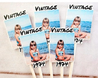 Custom Year Birthday Cupcake Toppers, Personalized 50th Birthday Cupcake Toppers, Vintage 1974, Birthday Decorations, Photo Cupcake Toppers