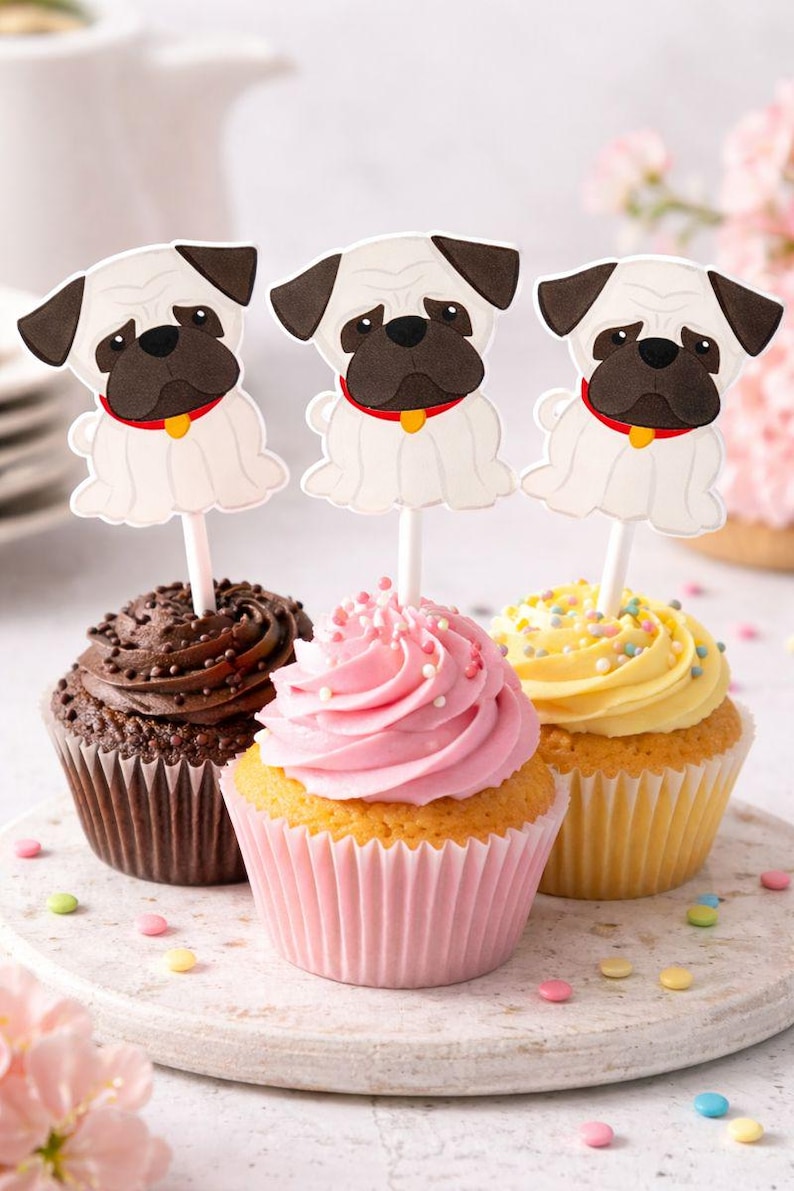 Puppy Party Cupcake Toppers - Pug Cupcake Toppers Pug Birthday Party Pug Party Decorations Puppy Party Cupcake Toppers Dog Birthday Party image 1