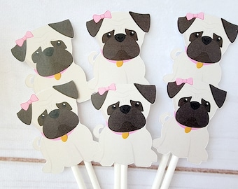 Pug Cupcake Toppers, Puppy Party Cupcake Toppers - Girl Pug Cupcake Toppers Puppy Party Cupcake Toppers - Pug Cupcake Toppers Pug Birthday