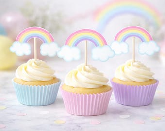 Rainbow Cupcake Toppers, Rainbow Baby Shower, Rainbow Birthday, Cupcake , Pastel Rainbow Cupcake Toppers