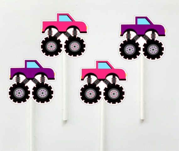 Monster Truck Cupcake Toppers, Monster Truck Cake Toppers, Monster Truck Birthday, Pink and Purple Monster Trucks - 513211120A Il_570xn
