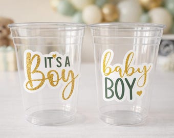 Copos para Chá de Bebê Verde e Dourado - Lembrancinha para Chá de Bebê "É um Menino" - Lembrancinha para Chá de Bebê Verde e Dourado - Lembrancinha Unissex - Copos Verdes para Lembrancinha de Chá de Bebê