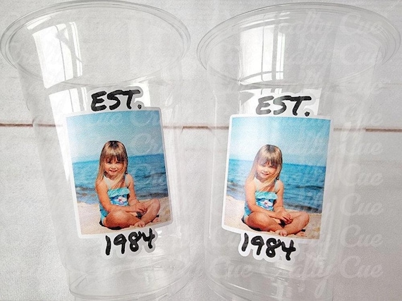 Est Year Custom Plastic Party Cups Personalized Birthday Custom Face Party Decorations Personalized 21st, 30th, 40th, 50th Cups Vintage Year