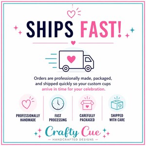 May include: A graphic with the text "SHIPS FAST!" in navy and pink, featuring a delivery truck with a heart. Additional text includes "Professionally Handmade," "Fast Processing," "Carefully Packaged," and "Shipped with Care."