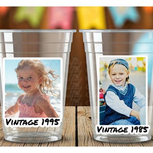 Custom birthday party cups, birthday decorations with face, photo gifts, party decorations, Vintage 30th Cups, Vintage 40th Cup, Picture Cup
