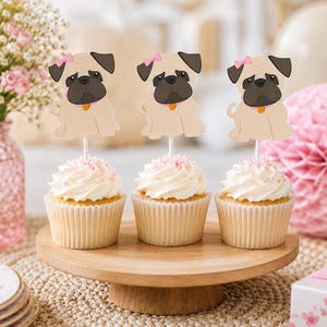 Adornos para cupcakes de carlino, adornos para cupcakes de fiesta de cachorros - Adornos para cupcakes de carlino para niña Adornos para cupcakes de fiesta de cachorros - Adornos para cupcakes de carlino Cumpleaños de carlino imagen 3