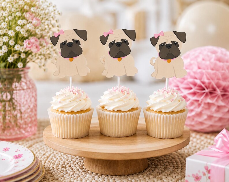 Adornos para cupcakes de carlino, adornos para cupcakes de fiesta de cachorros - Adornos para cupcakes de carlino para niña Adornos para cupcakes de fiesta de cachorros - Adornos para cupcakes de carlino Cumpleaños de carlino imagen 3