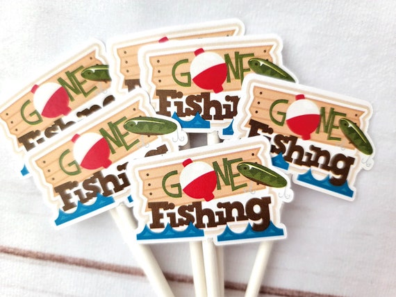 Gone Fishing Cupcake Toppers, Fisherman Cupcake Topper, Fishing Birthday,  Fishing Party, Fishing Cake Toppers, Fishing Bobber Cupcake Topper 