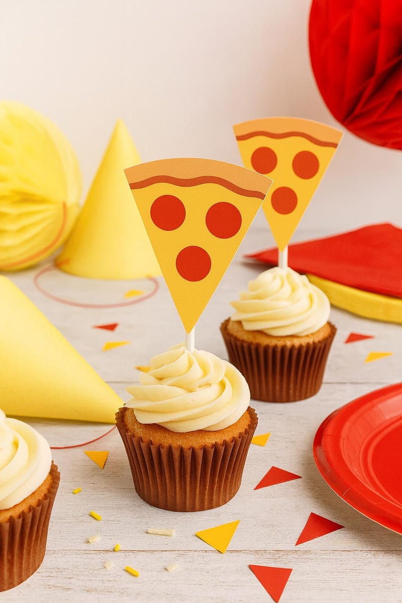 Adornos para cupcakes de pizza, adornos para cupcakes de fiesta de pizza, adornos para cupcakes de comida rápida, decoraciones para fiestas de cumpleaños de pizza, suministros para fiestas de pizza, pizza imagen 3