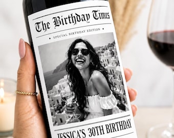 Personalized Birthday Wine Label with Photo, Custom Wine Bottle Label, 30th 40th 50th 60th Birthday Gift, Milestone Birthday Gift, Newspaper