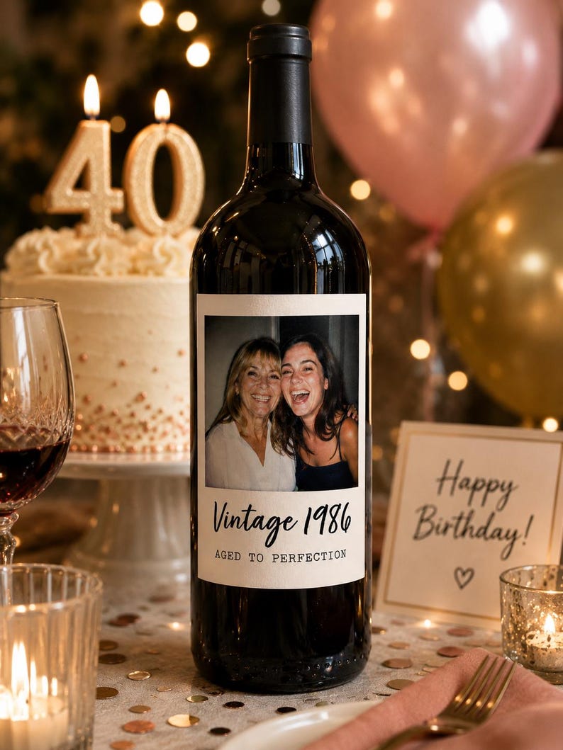 May include: A dark glass wine bottle with a custom rectangular label featuring a photograph of two smiling individuals. The label includes the printed text Vintage 1986 and AGED TO PERFECTION in black lettering against a cream-colored background.