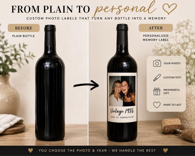 May include: A comparison of a plain dark glass wine bottle and a personalized version featuring a custom photo label. The label displays a photograph of two people, the text Vintage 1986, and the phrase AGED TO PERFECTION in black lettering.