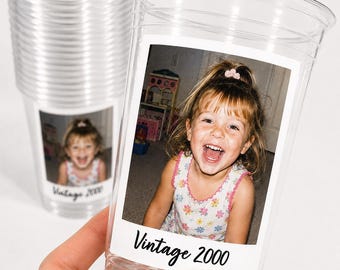 Custom Photo Cups 16oz Personalized Plastic Cups with Text for Birthdays Parties Events Supplies Decorations Vintage Est Year Face Picture