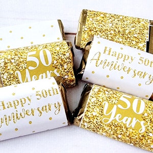 30 -  50th ANNIVERSARY PARTY Stickers 50th Anniversary Decorations Golden Wedding Anniversary Favors 50th Anniversary Mini Candy Bar Wrapper