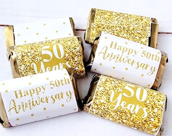 30 -  50th ANNIVERSARY PARTY Stickers 50th Anniversary Decorations Golden Wedding Anniversary Favors 50th Anniversary Mini Candy Bar Wrapper