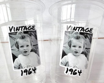 Custom Photo Birthday Cups with Year | Personalized Plastic Party Cups | Vintage Est Year Face Cups for Party Decorations & Favors Supplies
