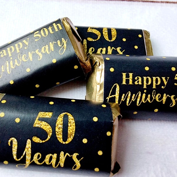 30 -  50th ANNIVERSARY PARTY Stickers 50th Anniversary Decorations Golden Wedding Anniversary Favors 50th Anniversary Mini Candy Bar Wrapper