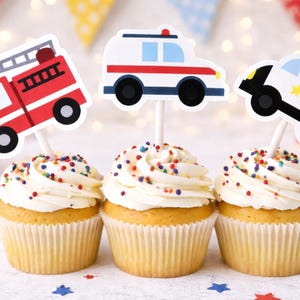 Emergency Vehicles Cupcake Toppers, Firetruck Cupcake Toppers, Ambulance Cupcake Toppers, Police Car Cupcake Toppers image 1