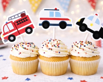 Emergency Vehicles Cupcake Toppers, Firetruck Cupcake Toppers, Ambulance Cupcake Toppers, Police Car Cupcake Toppers, Transportation Party
