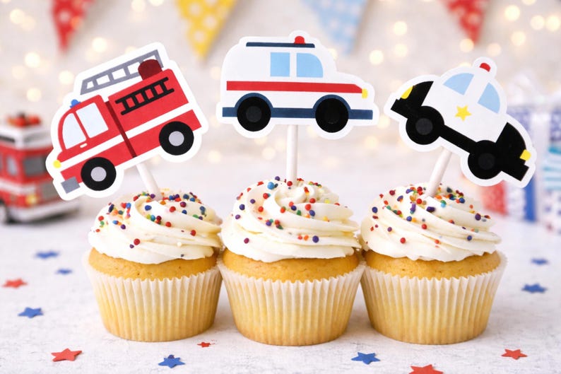 Emergency Vehicles Cupcake Toppers, Firetruck Cupcake Toppers, Ambulance Cupcake Toppers, Police Car Cupcake Toppers image 1