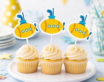 Submarine Cupcake Toppers, Under the Sea Party Decorations, Nautical Baby Shower, Ocean Theme Birthday, Yellow Submarine Picks, Party Decor