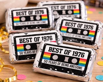 50th Birthday Candy Bar Stickers, 50th Birthday Cassette Tape Stickers, Stickers For Mini Chocolate Candy Bars, Best of 1976 favors, 30ct