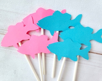 Fish Cupcake Toppers, Pink and Blue Fish Cupcake Toppers, Fish Gender Reveal Cupcake Toppers (12 COUNT)