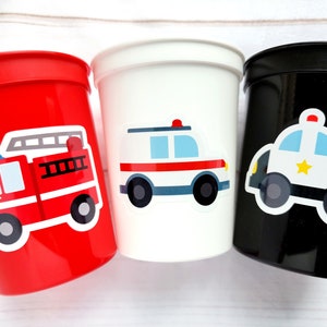 EMERGENCY VEHICLES PARTY Cups - Emergency Vehicles Birthday Party Decorations Firetruck Party Cups Ambulance Party Cups Police Party Cups