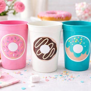 DONUT PARTY CUPS- Donut Birthday Party Donut Grow Up Donut Party Decoration Donut Birthday Decoration Donut First Birthday Donut Baby Shower imagem 2