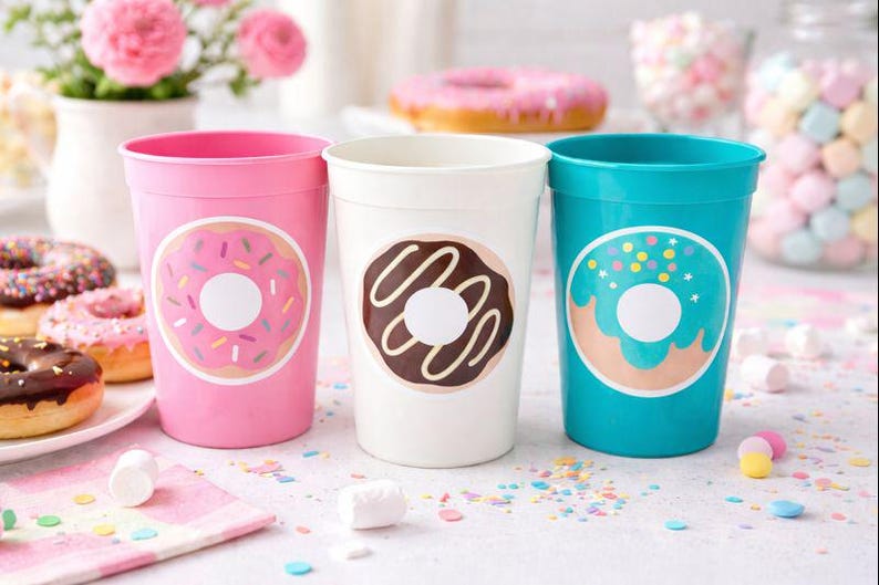 DONUT PARTY CUPS- Donut Birthday Party Donut Grow Up Donut Party Decoration Donut Birthday Decoration Donut First Birthday Donut Baby Shower imagem 2