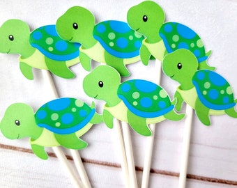 Turtle Cupcake Toppers - Turtle Birthday - Turtle Baby Shower - Under The Sea Cupcake Toppers - Blue and Green Turtle (528171019A)