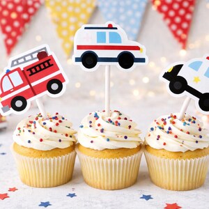Emergency Vehicles Cupcake Toppers, Firetruck Cupcake Toppers, Ambulance Cupcake Toppers, Police Car Cupcake Toppers image 4