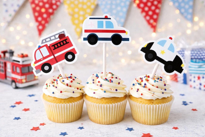 Emergency Vehicles Cupcake Toppers, Firetruck Cupcake Toppers, Ambulance Cupcake Toppers, Police Car Cupcake Toppers image 4