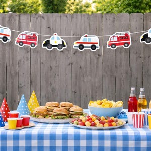 Emergency Vehicles Banner- Firetruck Garland, Police Car Garland, Ambulance Decorations Party Supplies, Transportation Vehicles Banner, Cars image 1