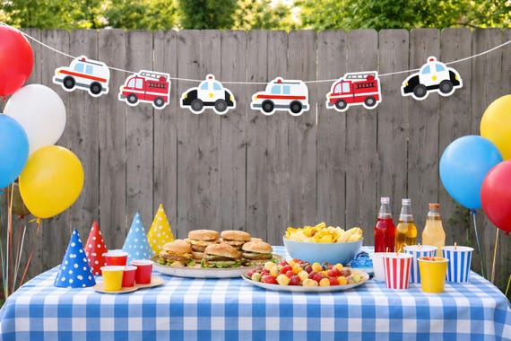 Emergency Vehicles Banner- Firetruck Garland, Police Car Garland, Ambulance Decorations Party Supplies, Transportation Vehicles Banner, Cars