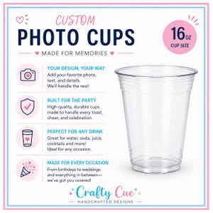 May include: Clear plastic 16 oz photo cups with the text "CUSTOM PHOTO CUPS" and "MADE FOR MEMORIES". The design includes icons and text describing customization options, party use, and suitability for various drinks. The cups are from Crafty Cue Handcrafted Designs.