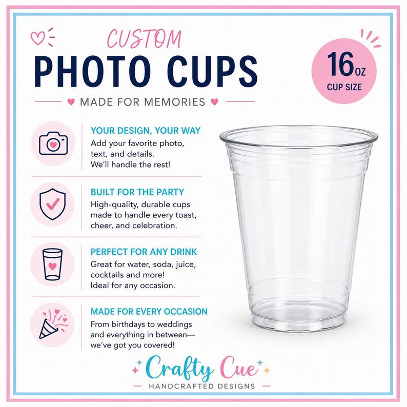 May include: Clear plastic 16 oz photo cups with the text "CUSTOM PHOTO CUPS" and "MADE FOR MEMORIES". The design includes icons and text describing customization options, party use, and suitability for various drinks. The cups are from Crafty Cue Handcrafted Designs.