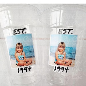Custom Photo Birthday Cups with Year | Personalized Plastic Party Cups | Vintage Est Year Face Cups for Milestone Birthdays Events Parties