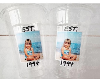 Vasos de cumpleaños con foto personalizada y año / Vasos de plástico personalizados para fiestas / Vasos vintage con cara de año estimado para cumpleaños importantes, eventos y fiestas