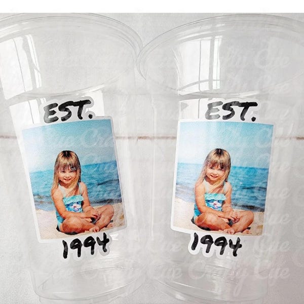 Custom Photo Birthday Cups with Year | Personalized Plastic Party Cups | Vintage Est Year Face Cups for Milestone Birthdays Events Parties