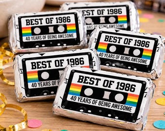 40th Birthday Cassette Tape Mini Candy Bar Stickers 40th Birthday Stickers, Mini Candy Bar Wrapper Vintage 40th Birthday Best of 1986- 30ct