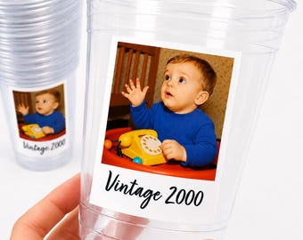 Custom Photo Cups 16oz Personalized Party Cups with Picture and text | Vintage Year Birthday Decorations | Custom Birthday Cups | Ships Fast